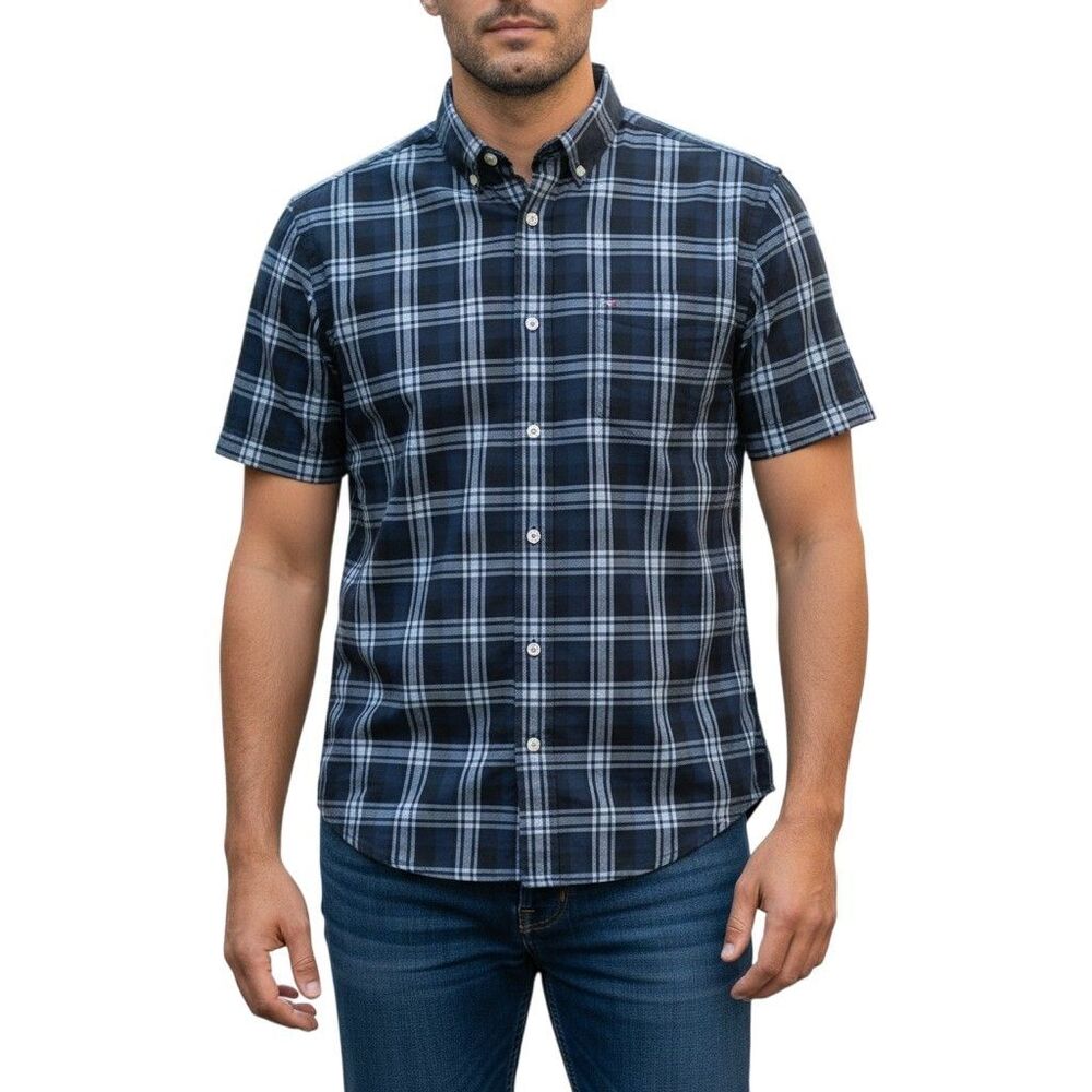 Tommy Hilfiger Men's L Blue Plaid Classic Fit Short Sleeve Button Down Shirt
